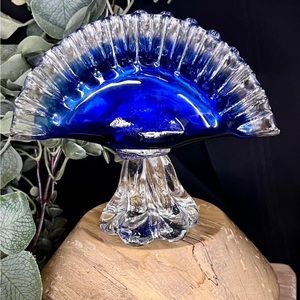 Vintage Cobalt Blue Art Glass Fan Shaped Napkin Holder.